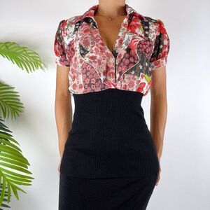 Women's Vintage Y2K Pink Fairycore Floral Patchwork Coquette Blouse / Size: S